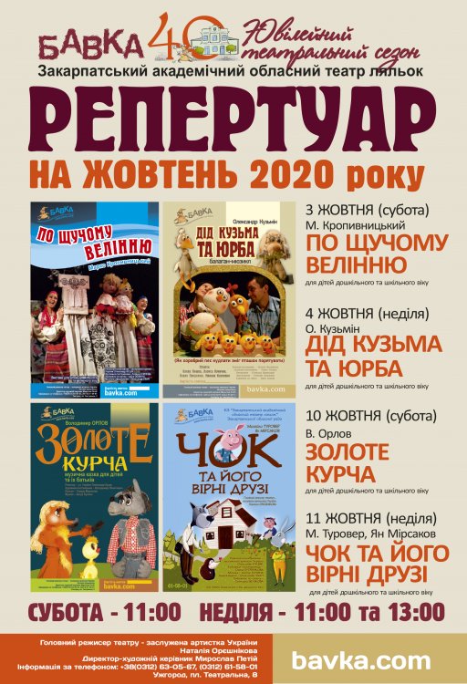 Репертуар театру ляльок „БАВКА” ЖОВТЕНЬ 2020 р