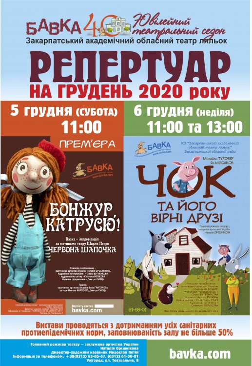 Репертуар театру ляльок „БАВКА” на 5-6 грудня 2020 р