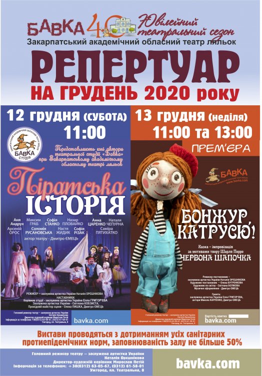 Репертуар театру ляльок „БАВКА” на 12-13 грудня 2020 р